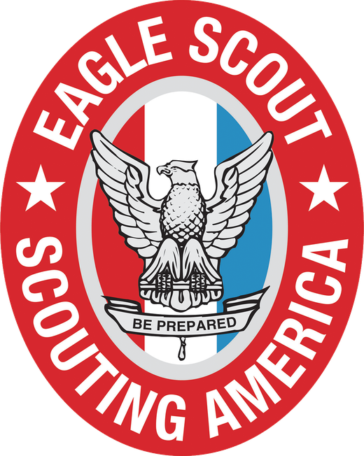 Eagle Scout rank insignia: an eagle over a shield on a scroll reading Be Prepared